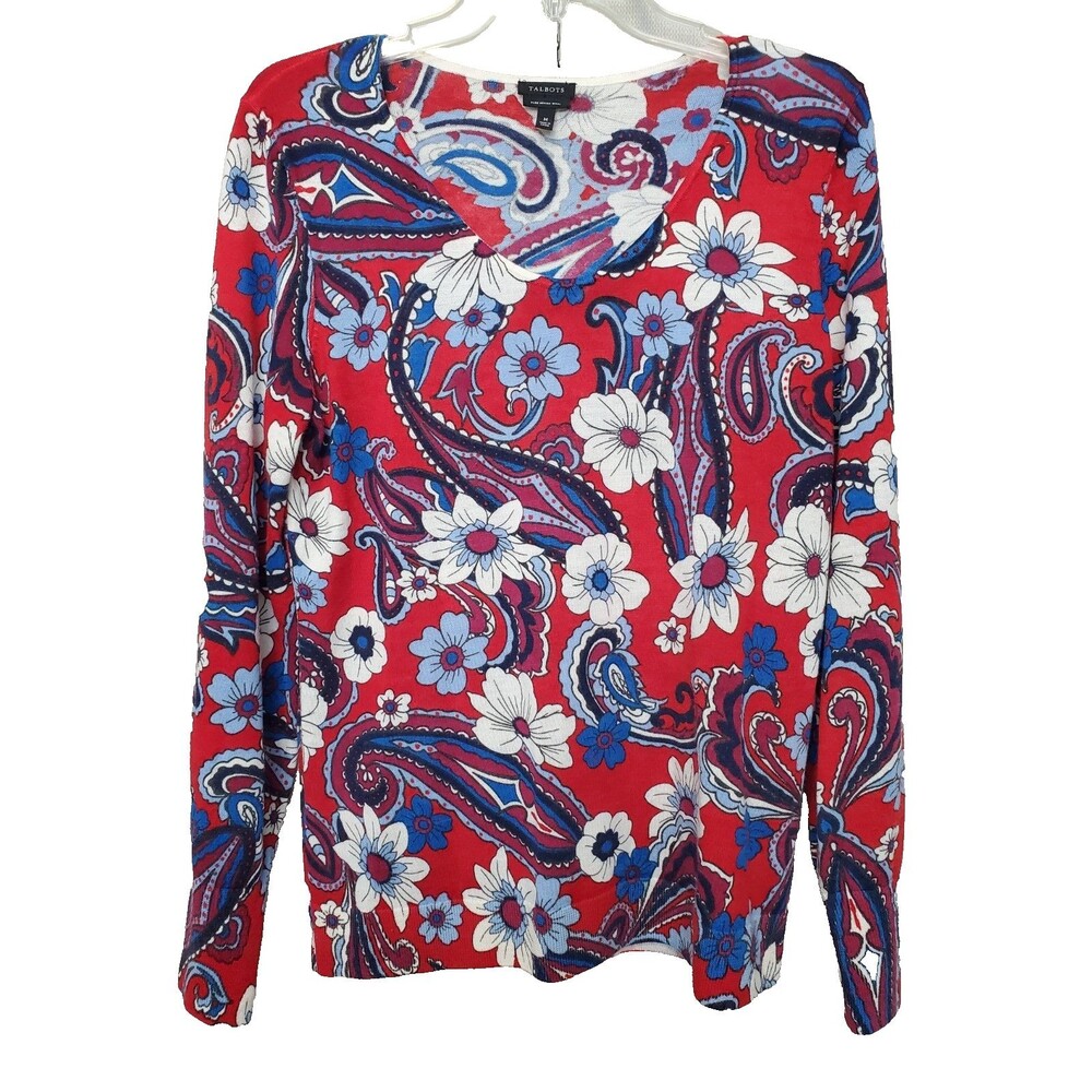 Talbots Pure Merino Wool Floral Paisley Scoop Neck Long Sleeve Sweater Size Med